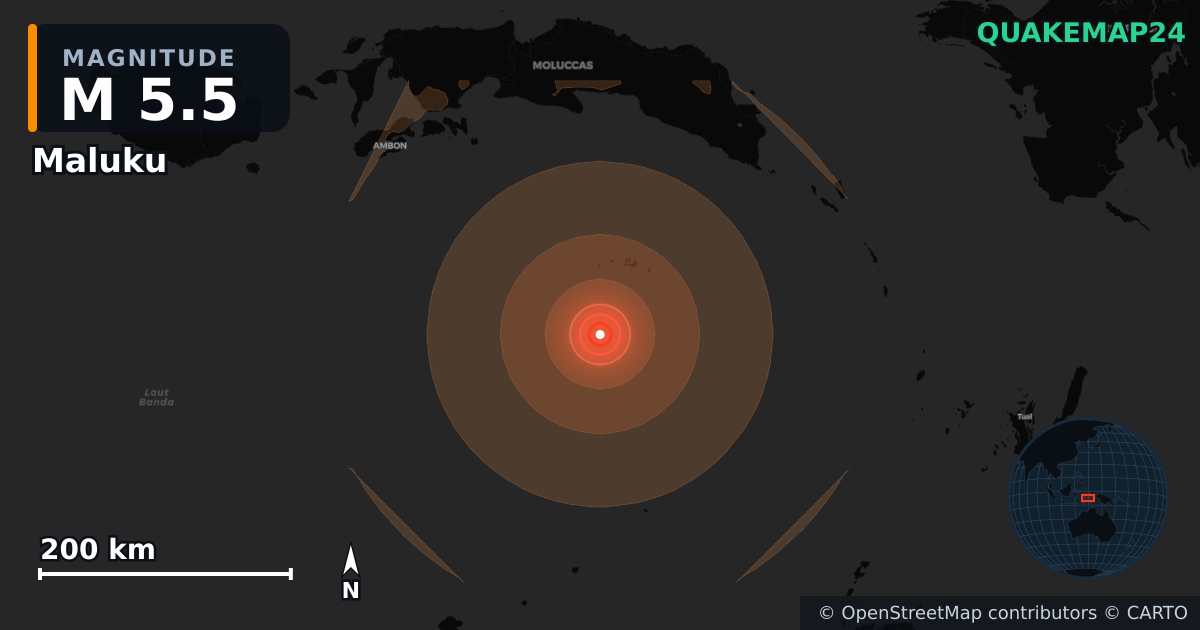M5.5 earthquake near Maluku on Aug 24, 2026 — map of epicenter and shaking intensity | QuakeMap24