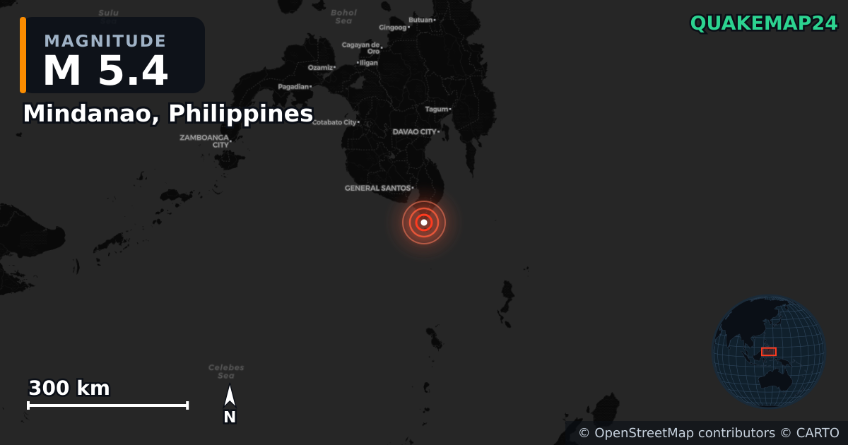Σεισμός M5,4 κοντά στο Mindanao, Philippines — Χάρτης της θέσης του επικέντρου