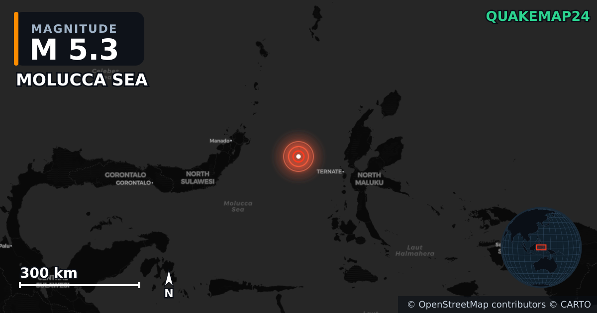 Erdbeben M5,3 bei MOLUCCA SEA — Karte der Lage des Epizentrums