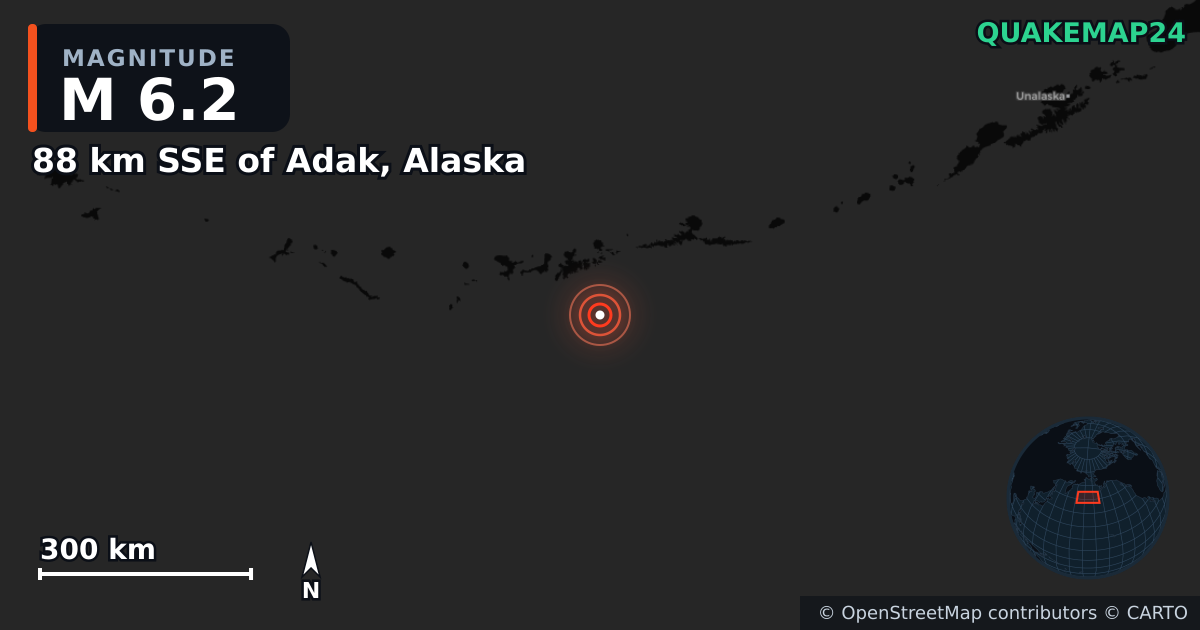 M6.2 earthquake near 88 km SSE of Adak, Alaska on Mar 21, 2025 — map of epicenter and shaking intensity | QuakeMap24