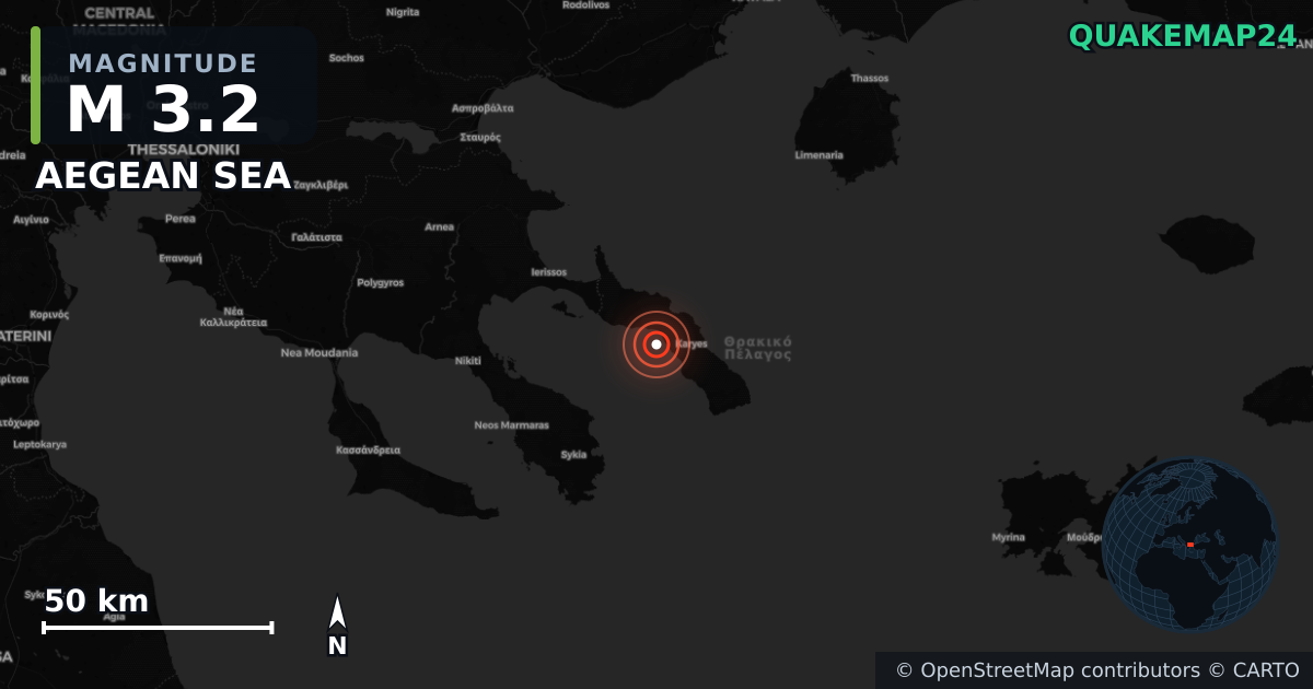 M3.2 earthquake near AEGEAN SEA on Jul 17, 2025 — map of epicenter and shaking intensity | QuakeMap24