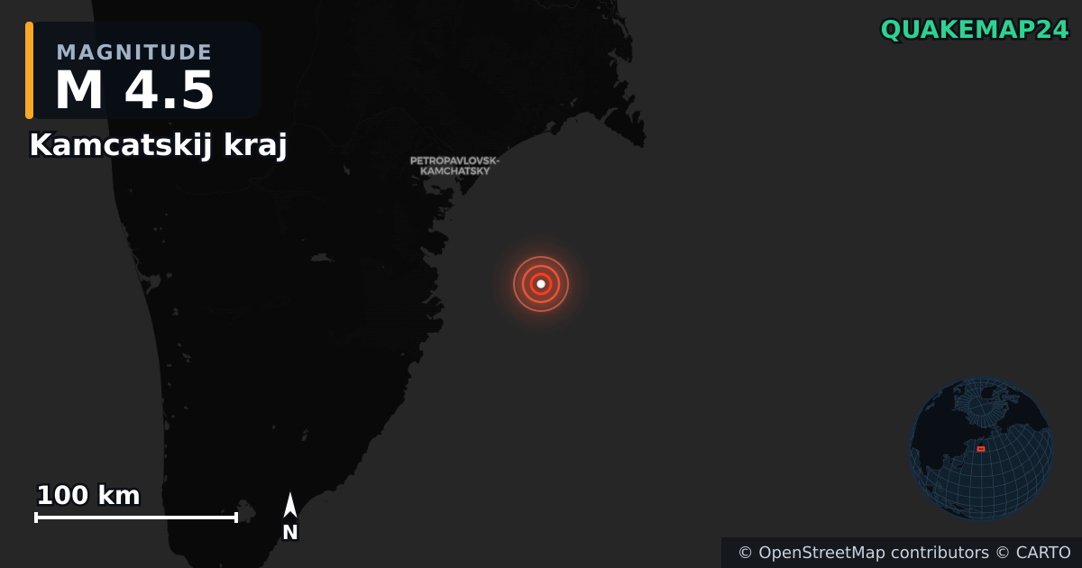 M4.5 earthquake near Kamcatskij kraj on Sep 9, 2025 — map of epicenter and shaking intensity | QuakeMap24