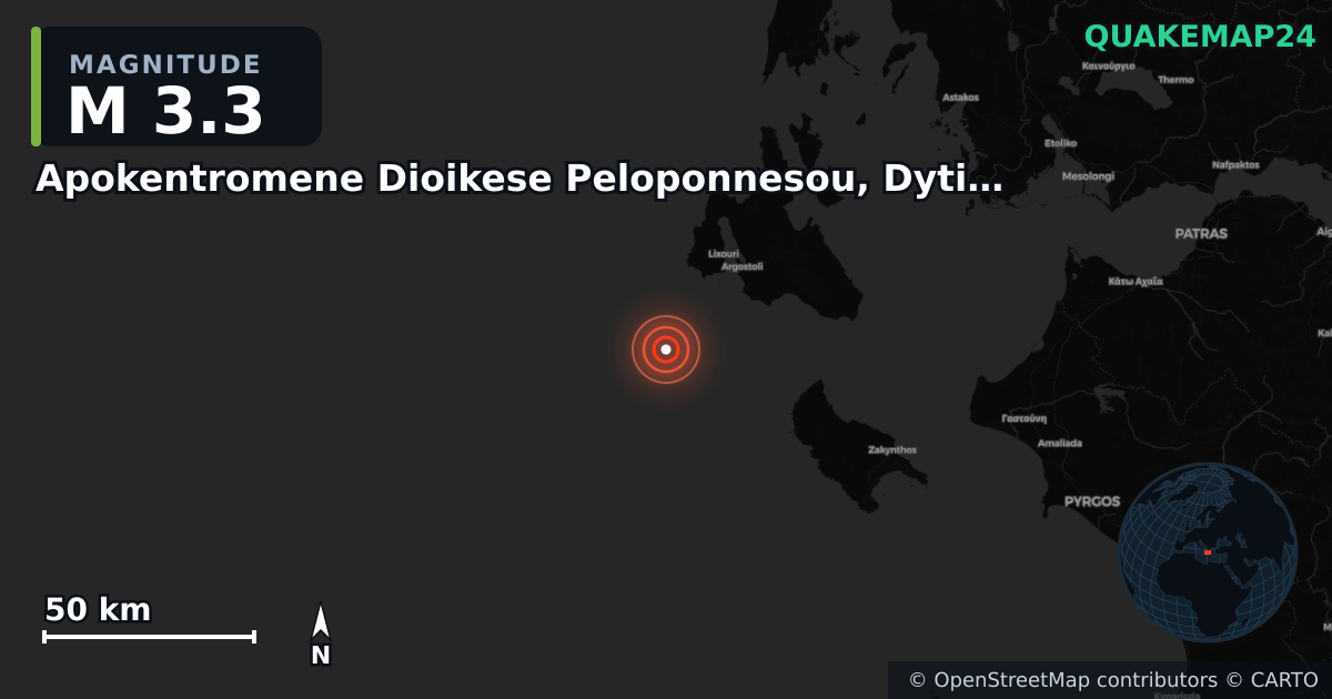M3.3 earthquake near Apokentromene Dioikese Peloponnesou, Dytikes Elladas kai Ioniou on Jul 10, 2025 — map of epicenter and shaking intensity | QuakeMap24