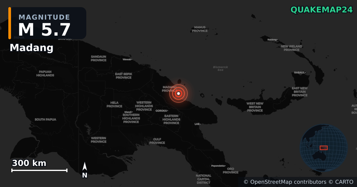 M5.7 earthquake near Madang on Feb 21, 2026 — map of epicenter and shaking intensity | QuakeMap24