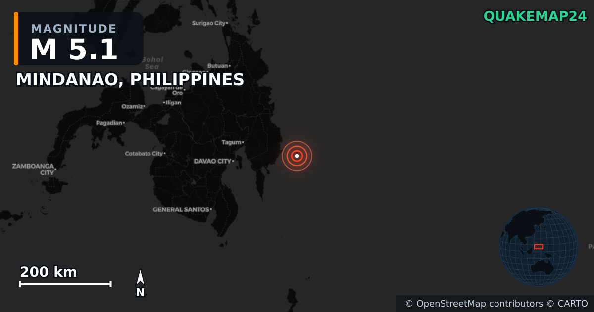 M5.1 earthquake near MINDANAO, PHILIPPINES on Oct 10, 2025 — map of epicenter and shaking intensity | QuakeMap24