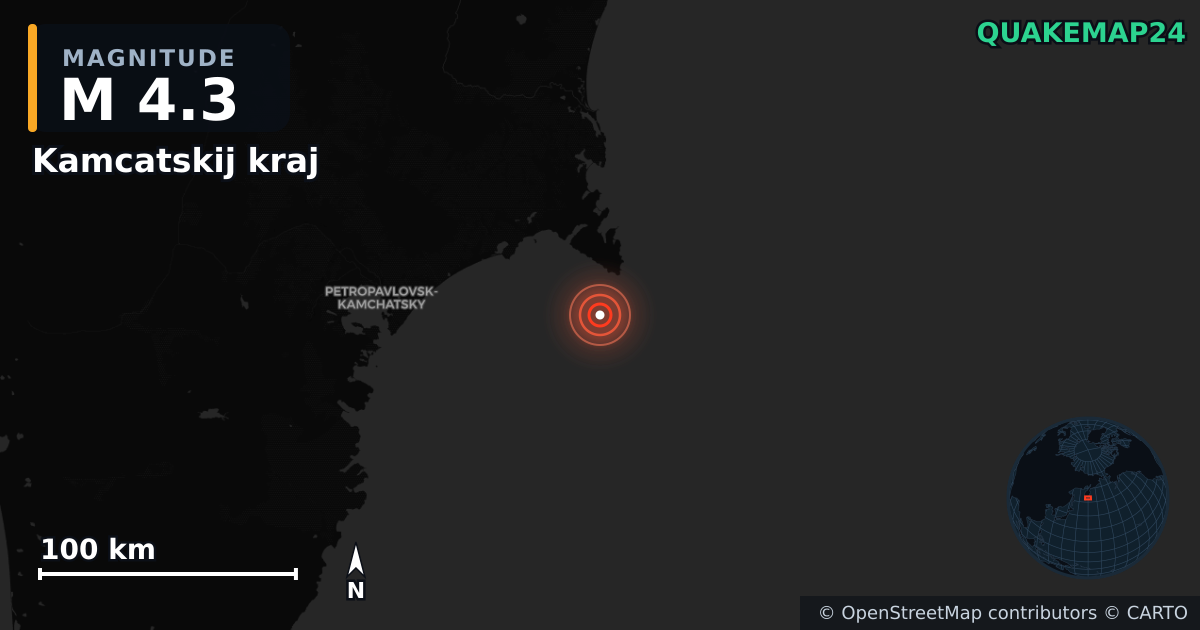 M4.3 earthquake near Kamcatskij kraj on Dec 22, 2025 — map of epicenter and shaking intensity | QuakeMap24