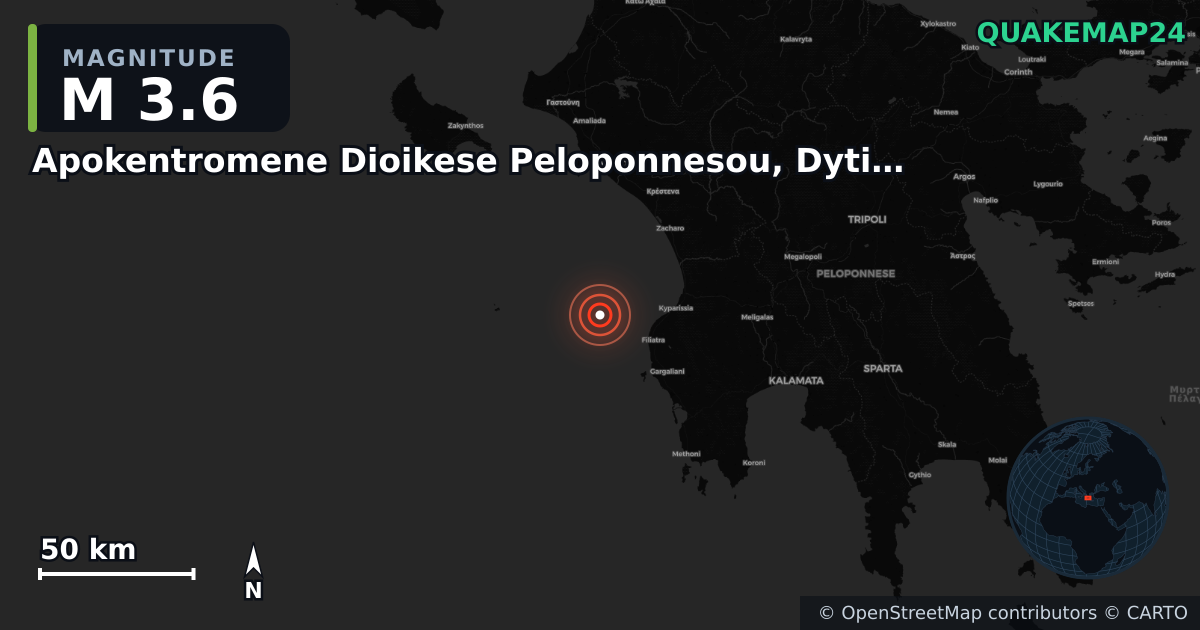 M3.6 earthquake near Apokentromene Dioikese Peloponnesou, Dytikes Elladas kai Ioniou on May 3, 2025 — map of epicenter and shaking intensity | QuakeMap24