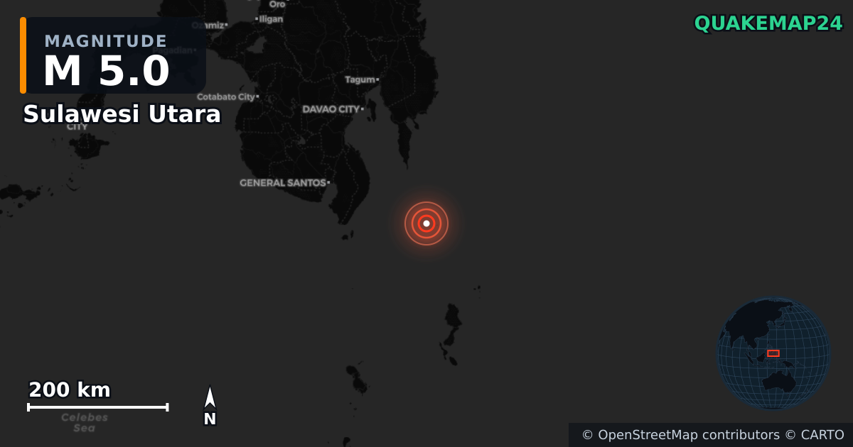 M5.0 earthquake near Sulawesi Utara on Oct 7, 2025 — map of epicenter and shaking intensity | QuakeMap24