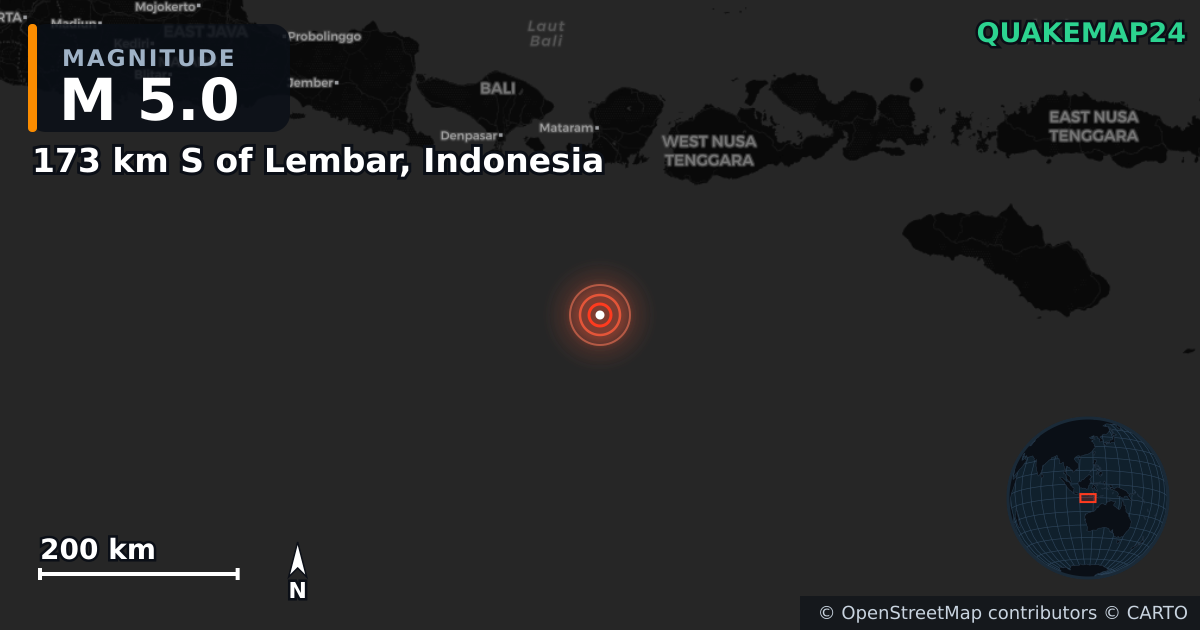 M5.0 Earthquake near 173 km S of Lembar, Indonesia · 2026-06-28 — Map showing the location of the epicenter