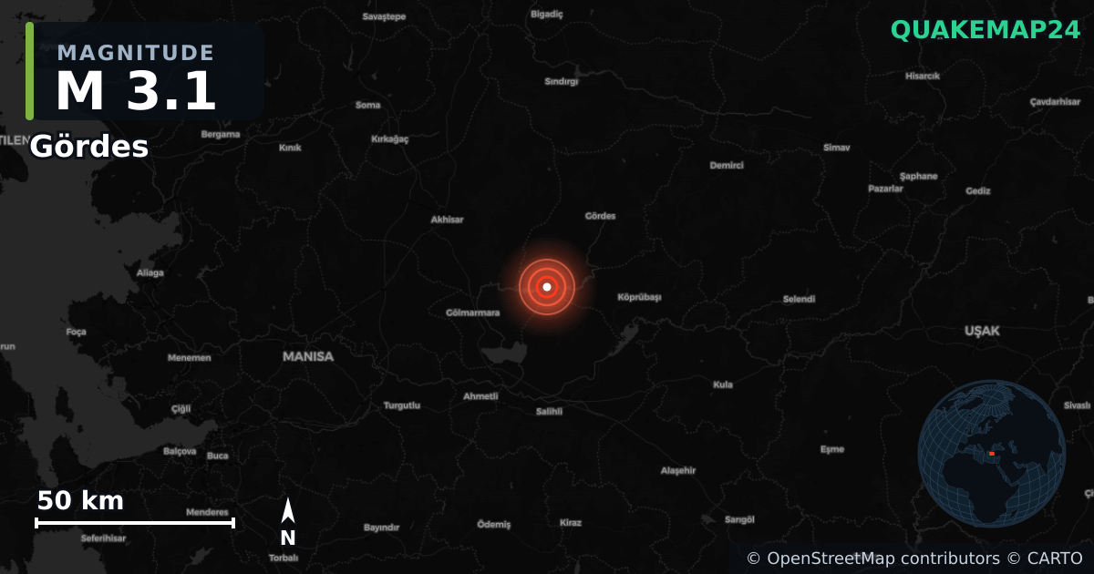 M3.1 earthquake near Gördes on Oct 28, 2025 — map of epicenter and shaking intensity | QuakeMap24