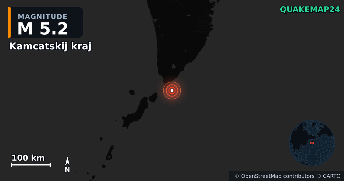 M5.2 earthquake near Kamcatskij kraj on Dec 12, 2025 — map of epicenter and shaking intensity | QuakeMap24