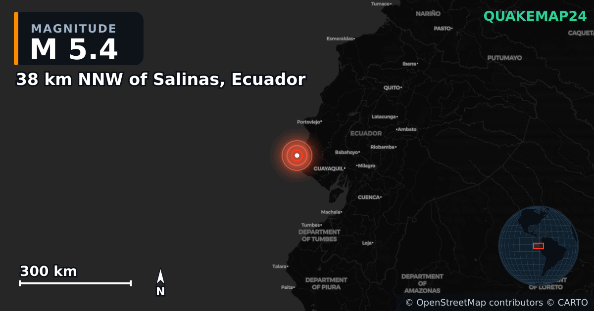 M5.4 earthquake near 38 km NNW of Salinas, Ecuador on Sep 5, 2025 — map of epicenter and shaking intensity | QuakeMap24