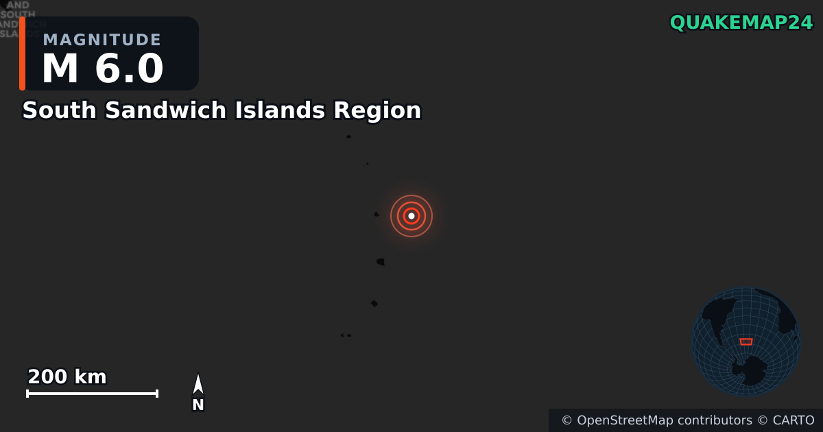 M6.0 earthquake near South Sandwich Islands Region on Jan 29, 2026 — map of epicenter and shaking intensity | QuakeMap24