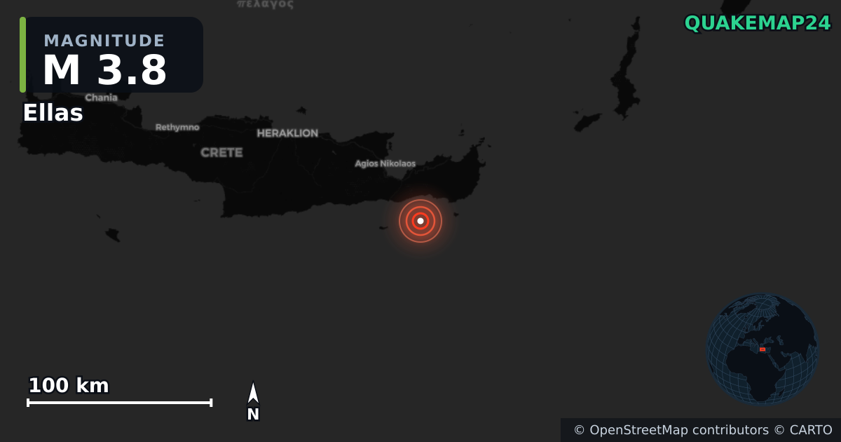 M3.8 earthquake near Ellas on May 21, 2026 — map of epicenter and shaking intensity | QuakeMap24