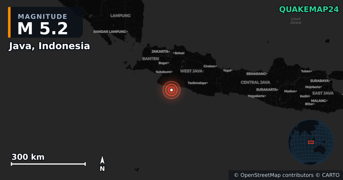 M5.2 earthquake near Java, Indonesia on Mar 12, 2026 — map of epicenter and shaking intensity | QuakeMap24