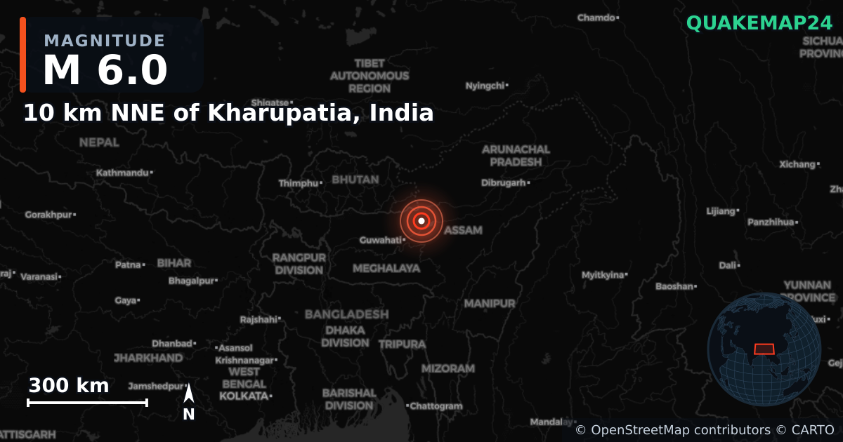 M6.0 earthquake near 10 km NNE of Kharupatia, India on Sep 14, 2025 — map of epicenter and shaking intensity | QuakeMap24