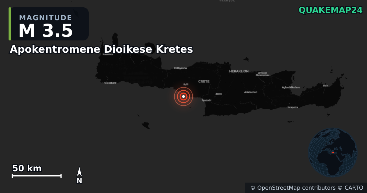 M3.5 earthquake near Apokentromene Dioikese Kretes on Nov 16, 2025 — map of epicenter and shaking intensity | QuakeMap24