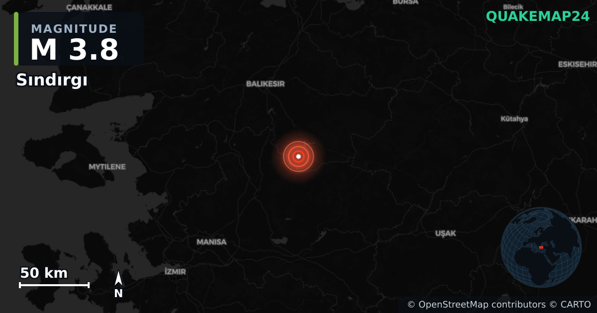 M3.8 earthquake near Sındırgı on Aug 24, 2025 — map of epicenter and shaking intensity | QuakeMap24