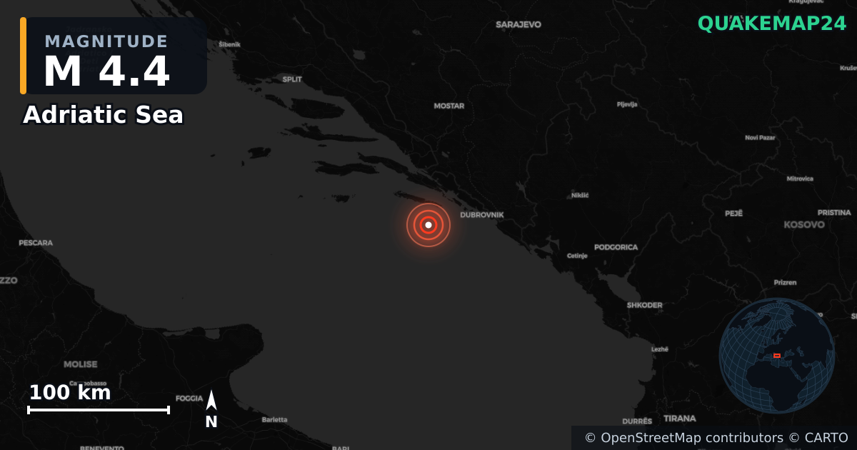 M4.4 earthquake near Adriatic Sea on Dec 17, 2025 — map of epicenter and shaking intensity | QuakeMap24