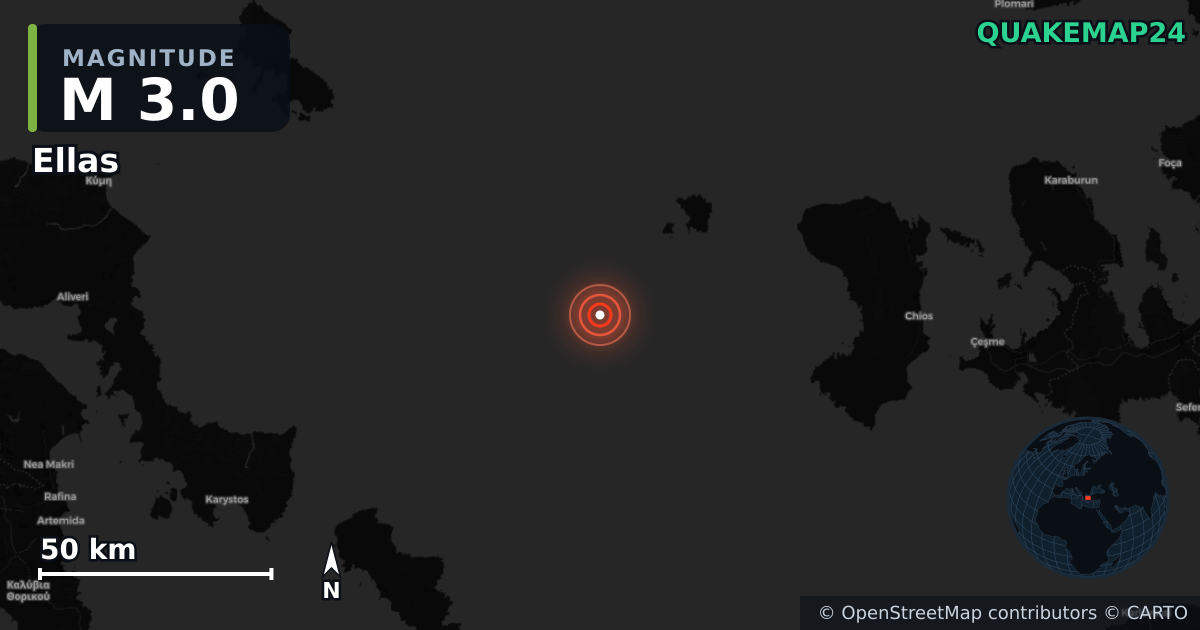 M3.0 earthquake near Ellas on Jan 12, 2026 — map of epicenter and shaking intensity | QuakeMap24