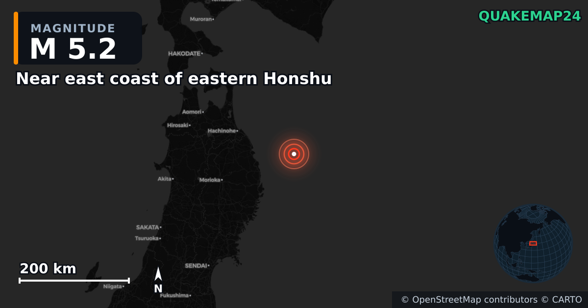 M5.2 earthquake near Near east coast of eastern Honshu on Apr 24, 2026 — map of epicenter and shaking intensity | QuakeMap24