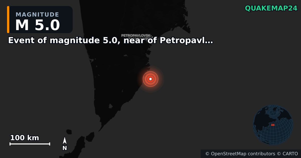 M5.0 earthquake near Event of magnitude 5.0, near of Petropavlovsk Kamchatskiy (Monde) on Mar 8, 2026 — map of epicenter and shaking intensity | QuakeMap24