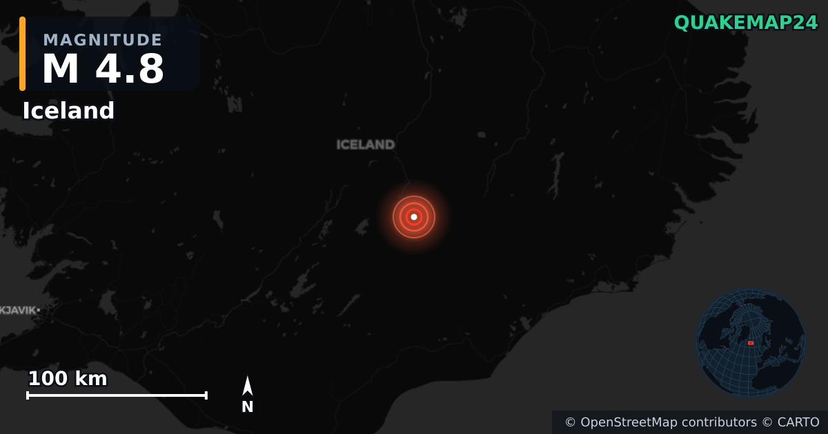 M4.8 earthquake near Iceland on Jan 1, 2026 — map of epicenter and shaking intensity | QuakeMap24