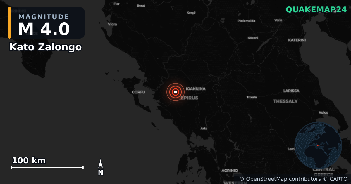 Sismo de M4,0 perto de Kato Zalongo, Periphereia Epeirou (Grécia) · 2026-04-04 — Mapa da localização do epicentro