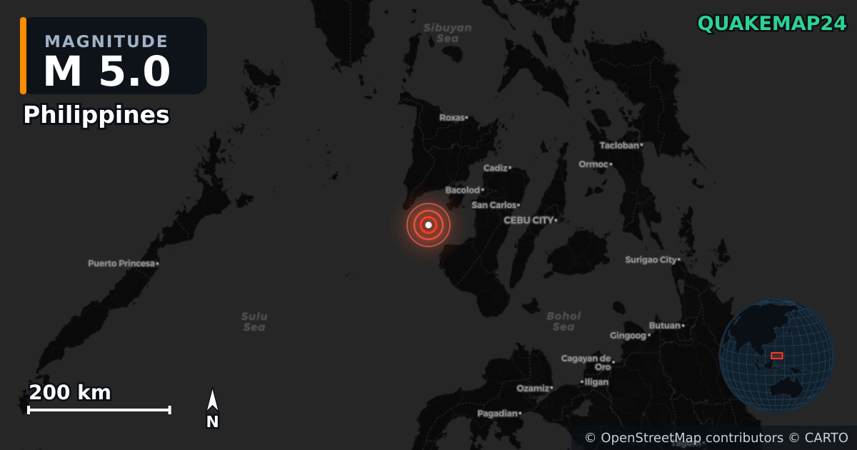 M5.0 earthquake near Philippines on Jun 14, 2026 — map of epicenter and shaking intensity | QuakeMap24