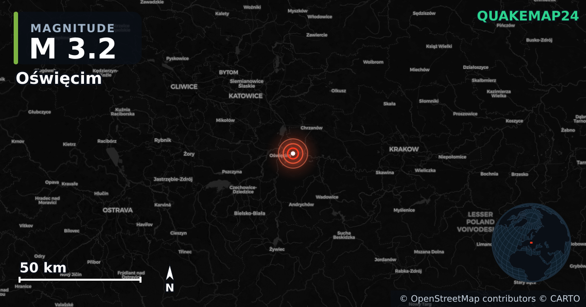 Sismo de M3,2 perto de Oświęcim, Lesser Poland Voivodeship (Polônia) · 2026-09-10 — Mapa da localização do epicentro