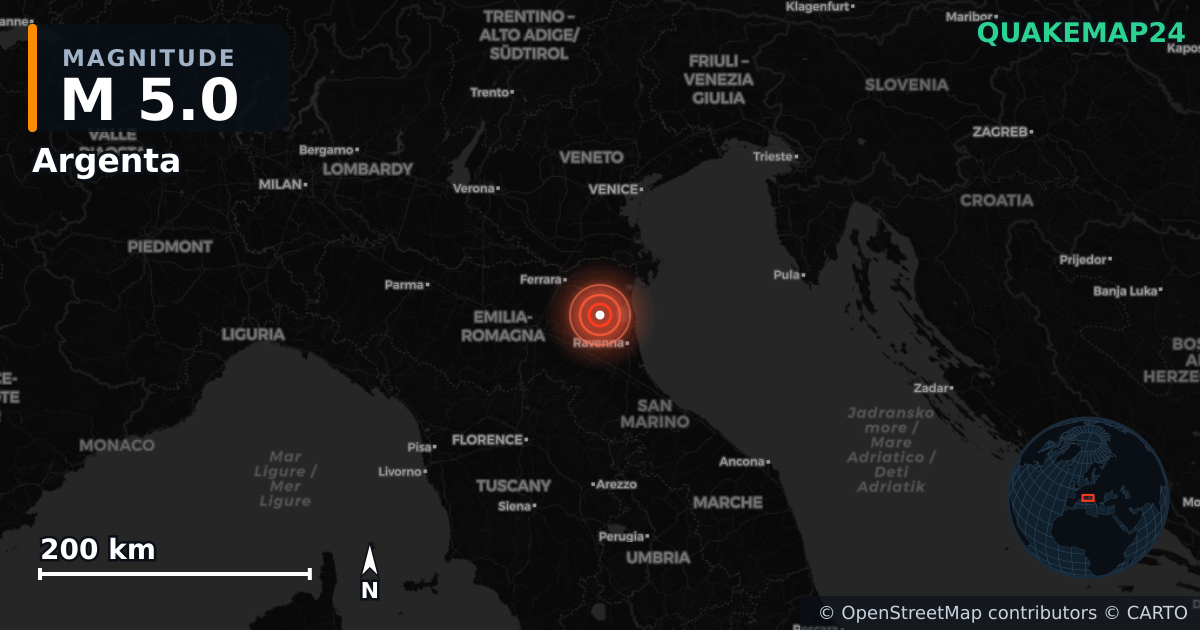 M5.0 earthquake near Argenta on Oct 6, 2025 — map of epicenter and shaking intensity | QuakeMap24