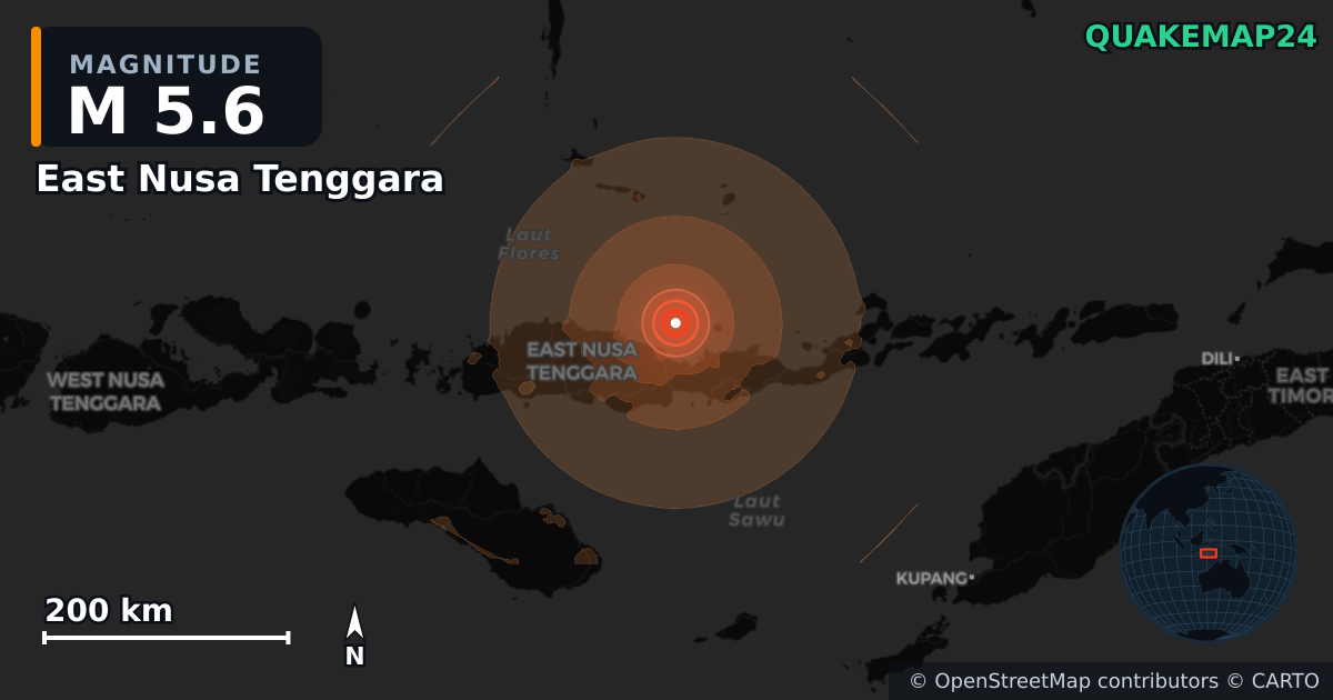 M5.6 earthquake near East Nusa Tenggara on Aug 20, 2026 — map of epicenter and shaking intensity | QuakeMap24