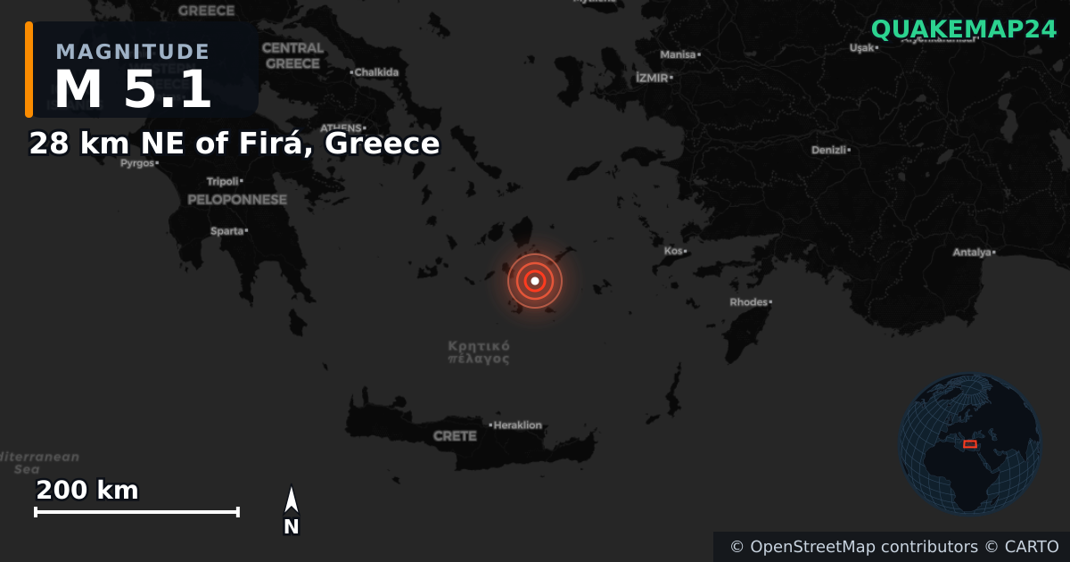 M5.1 earthquake near 28 km NE of Firá, Greece on Feb 10, 2025 — map of epicenter and shaking intensity | QuakeMap24