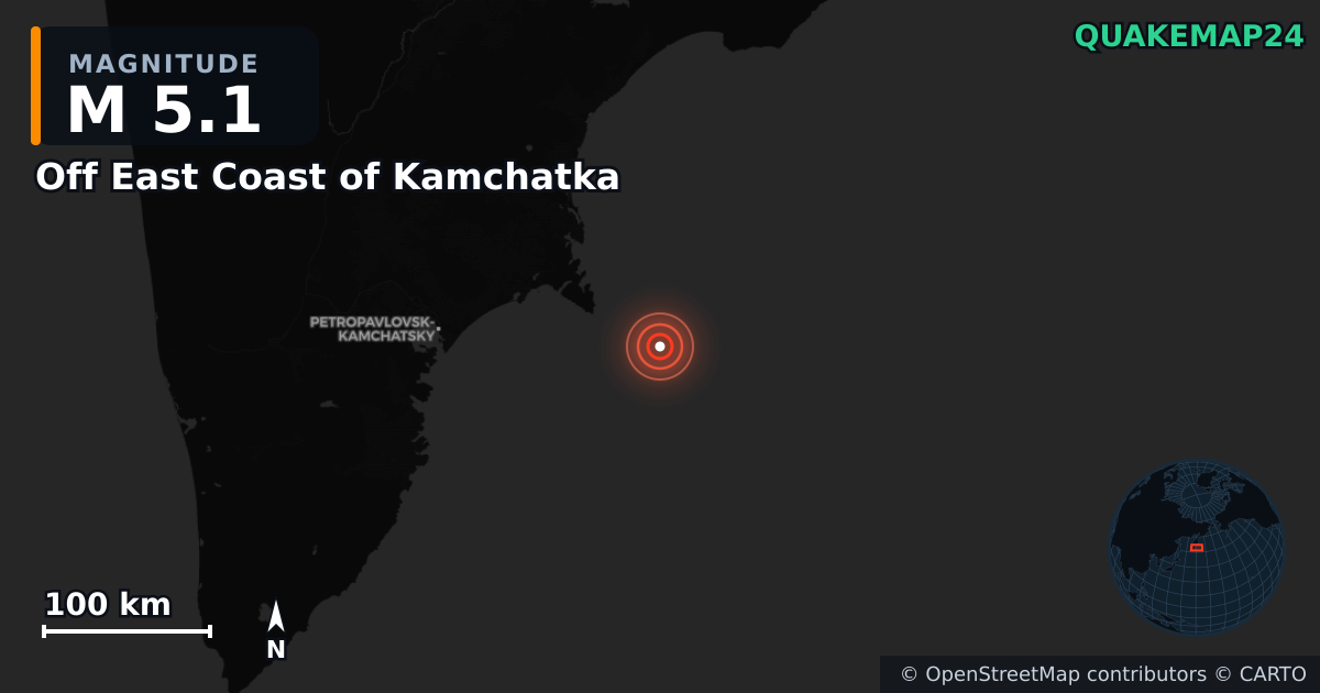 Erdbeben M5,1 bei Off East Coast of Kamchatka — Karte der Lage des Epizentrums