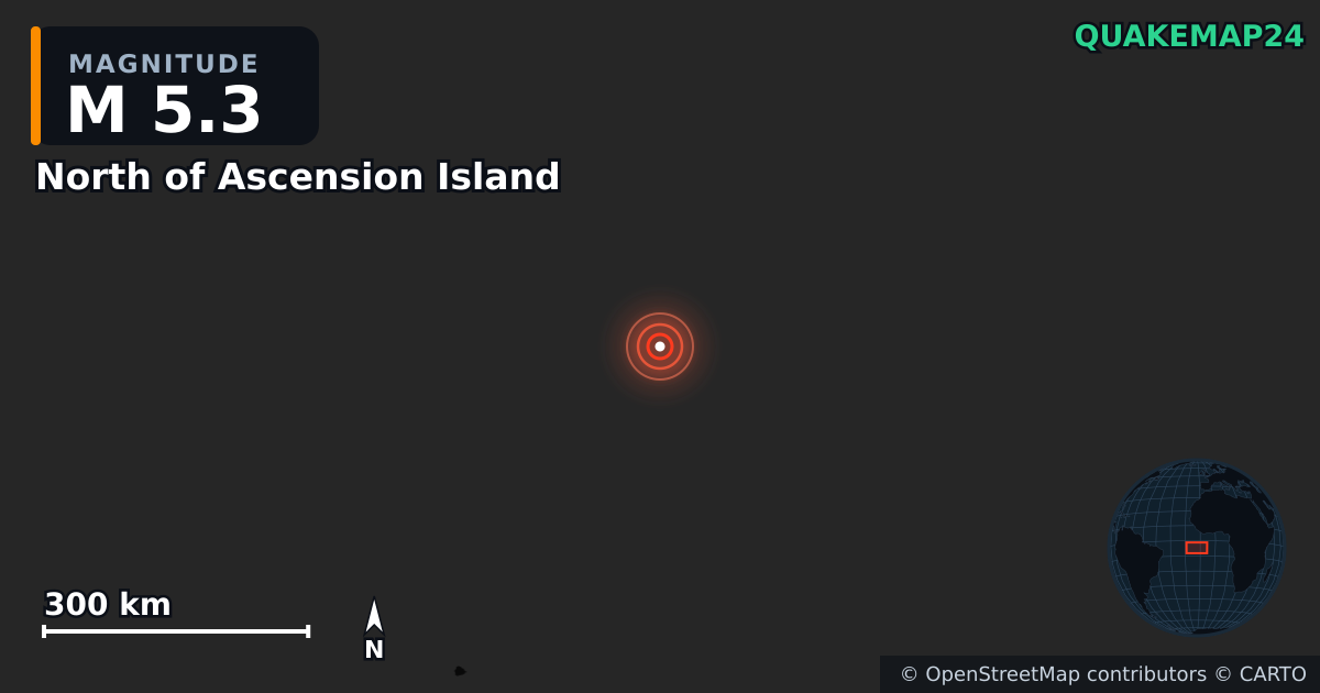 M5.3 earthquake near North of Ascension Island on Jul 22, 2025 — map of epicenter and shaking intensity | QuakeMap24