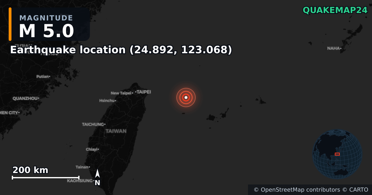 M5.0 earthquake near Deprem konumu (24.892, 123.068) on Apr 8, 2025 — map of epicenter and shaking intensity | QuakeMap24