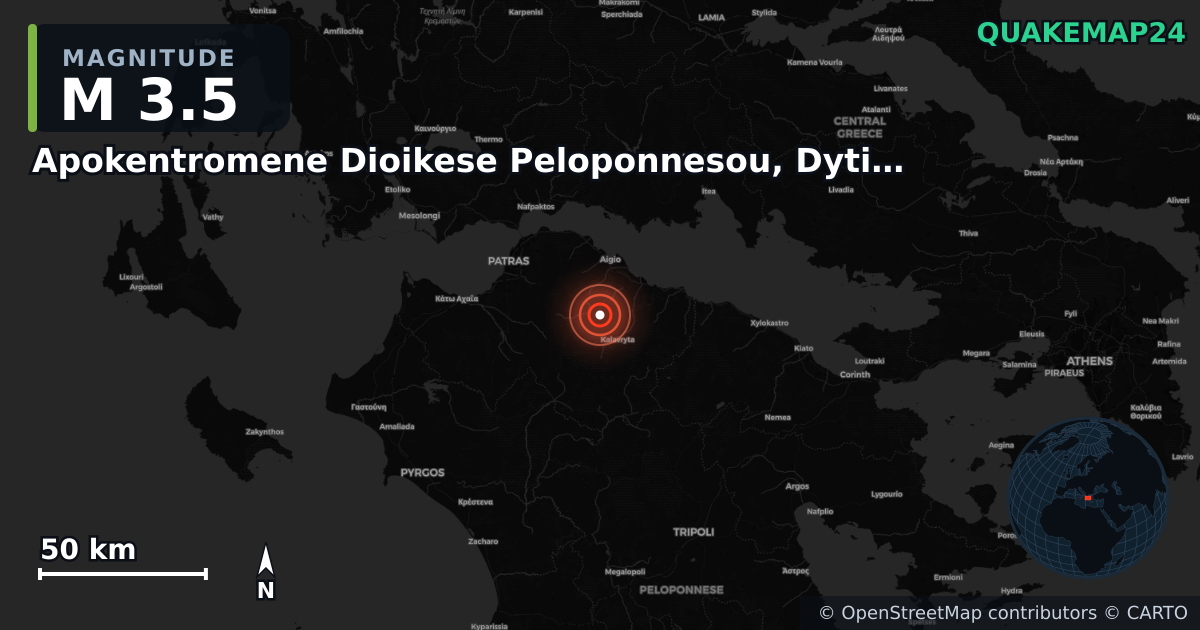 M3.5 earthquake near Apokentromene Dioikese Peloponnesou, Dytikes Elladas kai Ioniou on Jul 17, 2025 — map of epicenter and shaking intensity | QuakeMap24