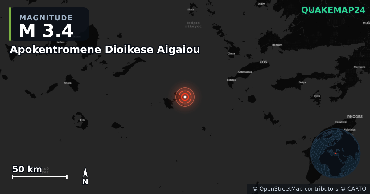 M3.4 earthquake near Apokentromene Dioikese Aigaiou on Nov 7, 2025 — map of epicenter and shaking intensity | QuakeMap24