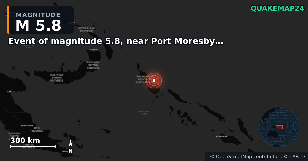 Erdbeben M5,8 bei Event of magnitude 5.8, near Port Moresby (Monde) — Karte der Lage des Epizentrums