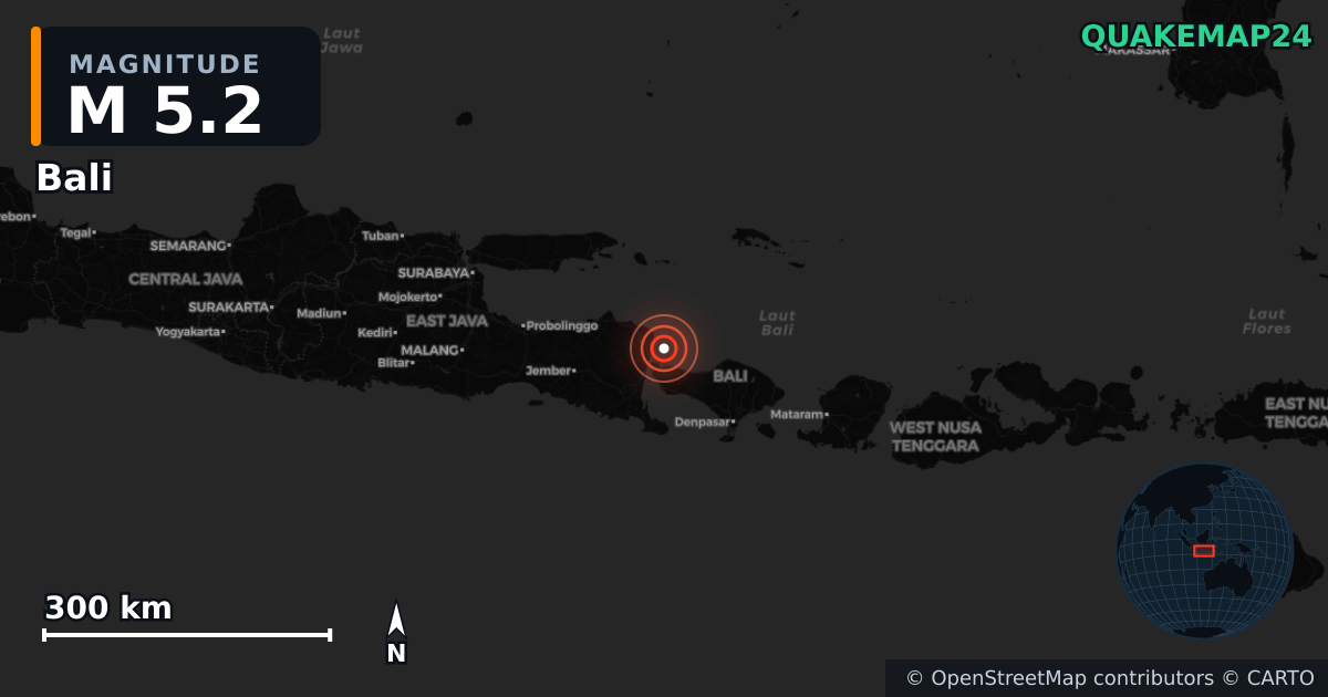 M5.2 earthquake near Bali on Sep 25, 2025 — map of epicenter and shaking intensity | QuakeMap24
