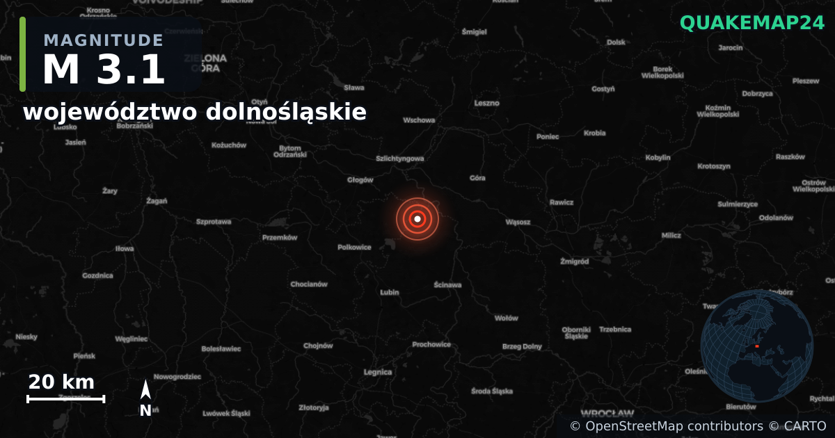 M3.1 earthquake near województwo dolnośląskie on Aug 2, 2025 — map of epicenter and shaking intensity | QuakeMap24