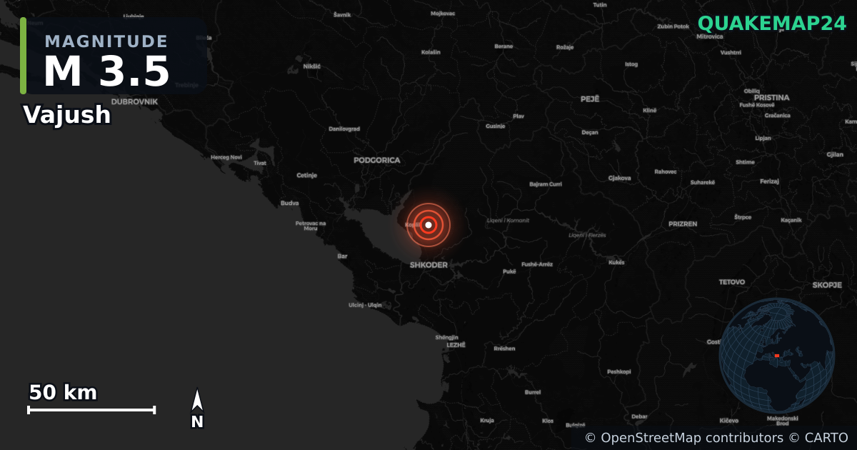 M3.5 earthquake near Vajush on Apr 7, 2026 — map of epicenter and shaking intensity | QuakeMap24