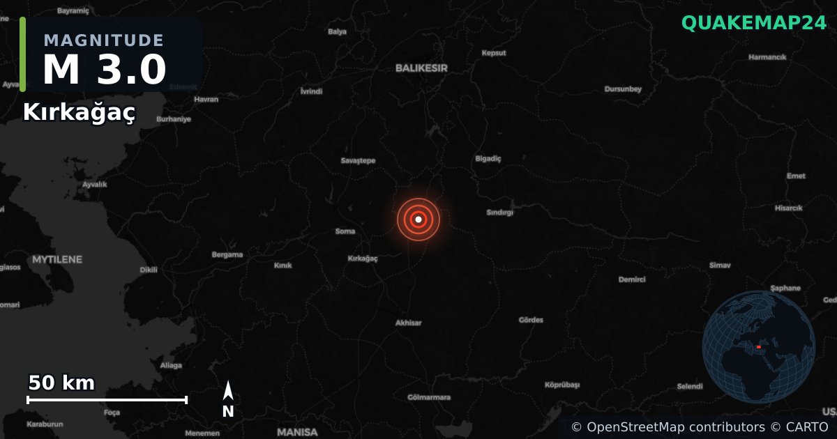 M3.0 earthquake near Kırkağaç on Nov 9, 2025 — map of epicenter and shaking intensity | QuakeMap24
