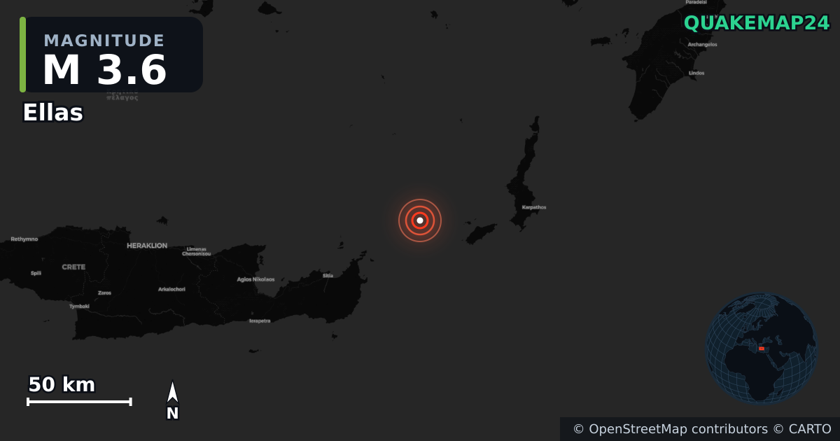 M3.6 earthquake near Ellas on May 23, 2026 — map of epicenter and shaking intensity | QuakeMap24
