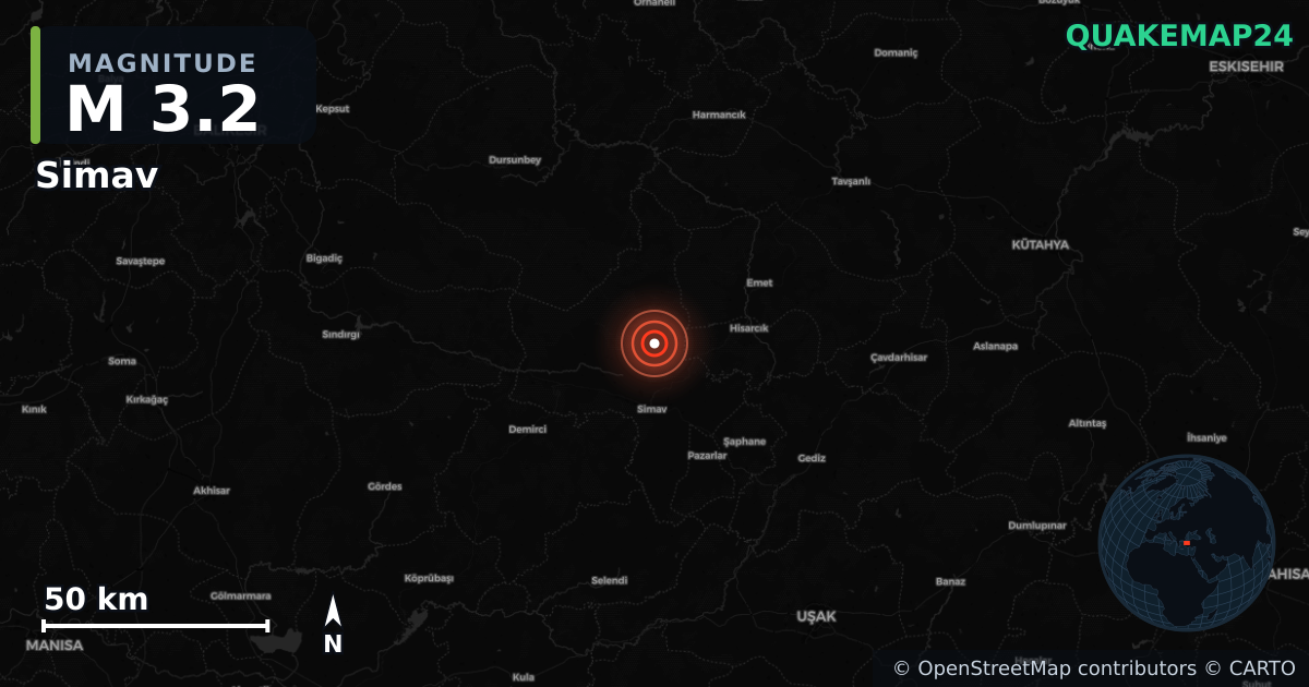 M3.2 earthquake near Simav on Jun 21, 2025 — map of epicenter and shaking intensity | QuakeMap24