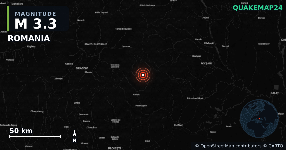 M3.3 earthquake near ROMANIA on Jan 3, 2026 — map of epicenter and shaking intensity | QuakeMap24