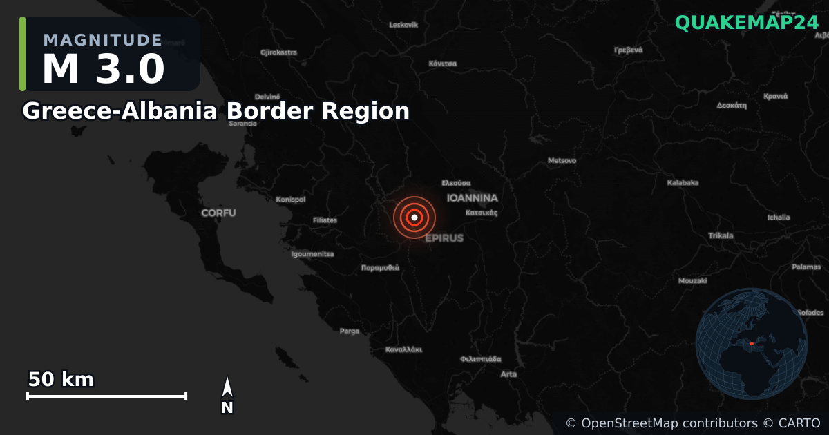M3.0 earthquake near Greece-Albania Border Region on Apr 5, 2026 — map of epicenter and shaking intensity | QuakeMap24