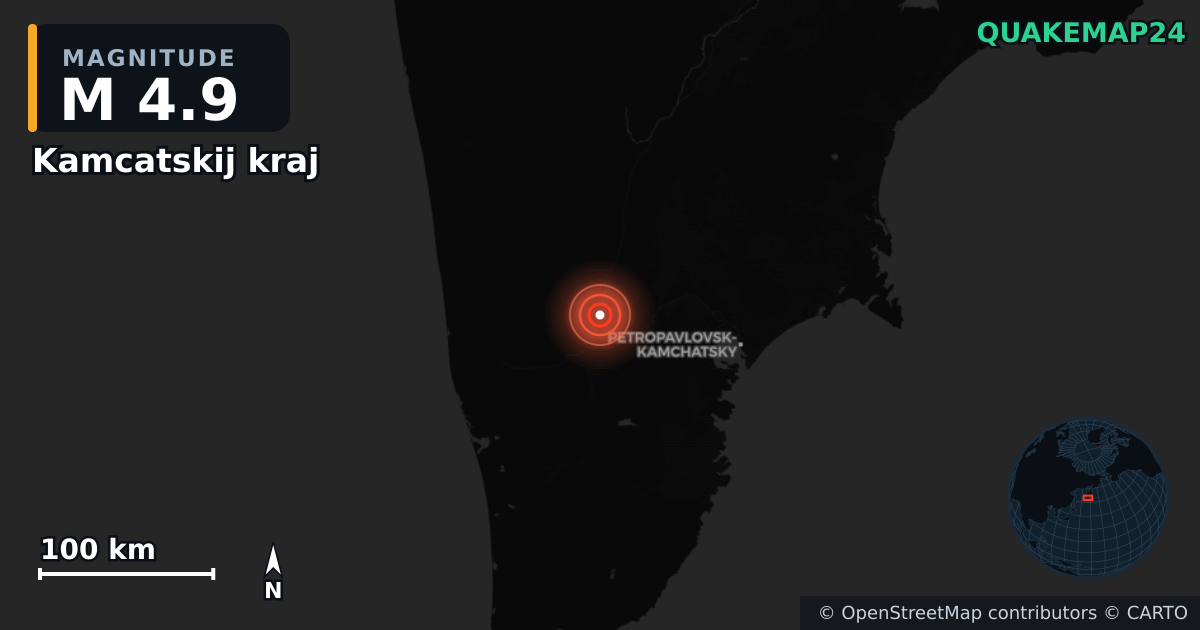 M4.9 earthquake near Kamcatskij kraj on Sep 25, 2025 — map of epicenter and shaking intensity | QuakeMap24
