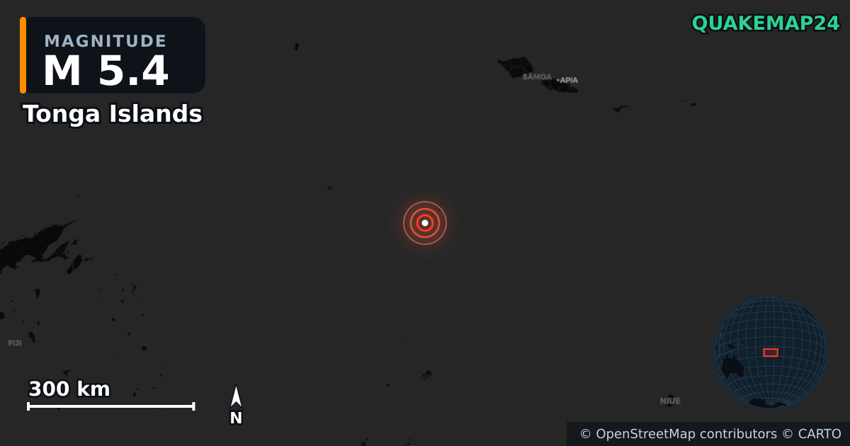 M5.4 earthquake near Tonga Islands on Jun 29, 2025 — map of epicenter and shaking intensity | QuakeMap24
