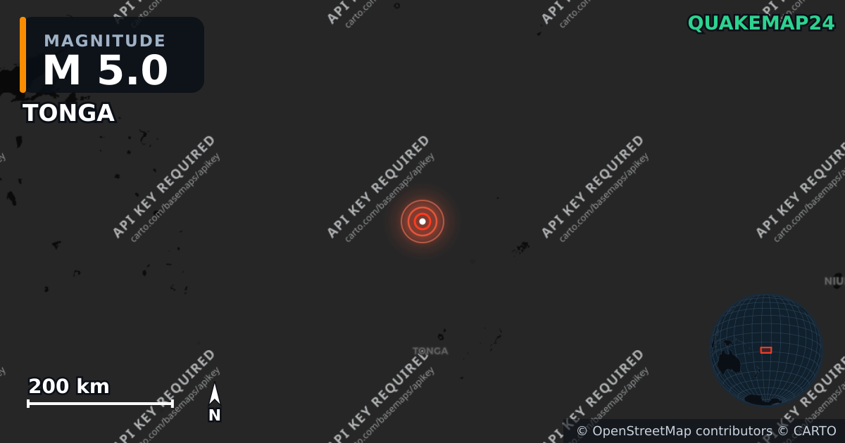 M5.0 earthquake near TONGA on Apr 30, 2026 — map of epicenter and shaking intensity | QuakeMap24